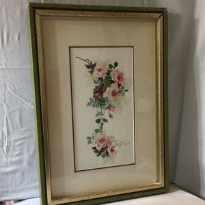 Vintage picture framed watercolor roses pinks/greens signed.